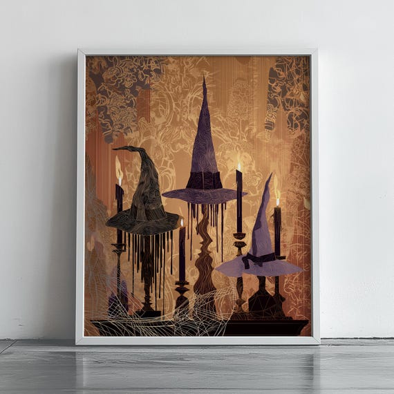 Vintage Halloween Witch Hats And Candles Rustic Autumn Wall Art Spooky Decor Moody Scene Print 72