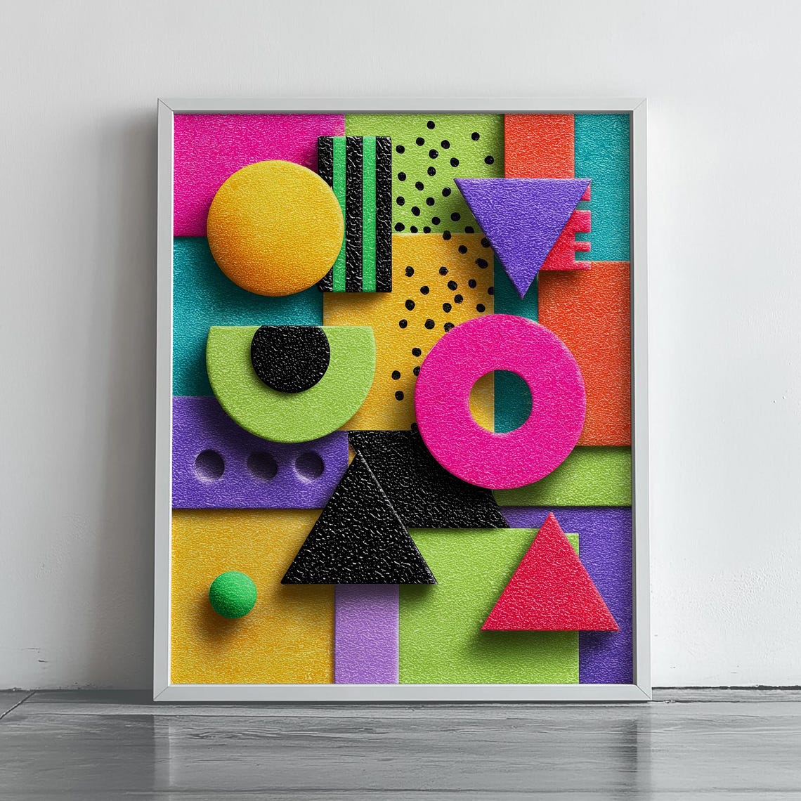 Vibrant Neon Memphis Geometric Shapes Retro Colourful Abstract Poster
