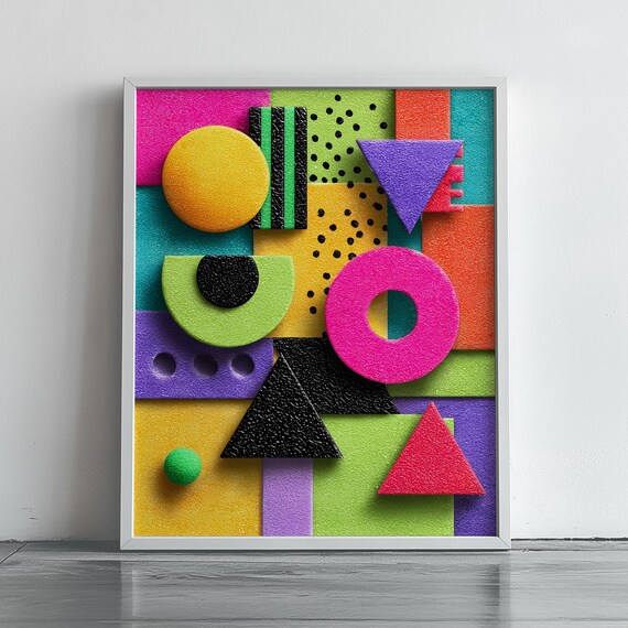 Vibrant Neon Memphis Geometric Shapes Retro Colourful Abstract Poster