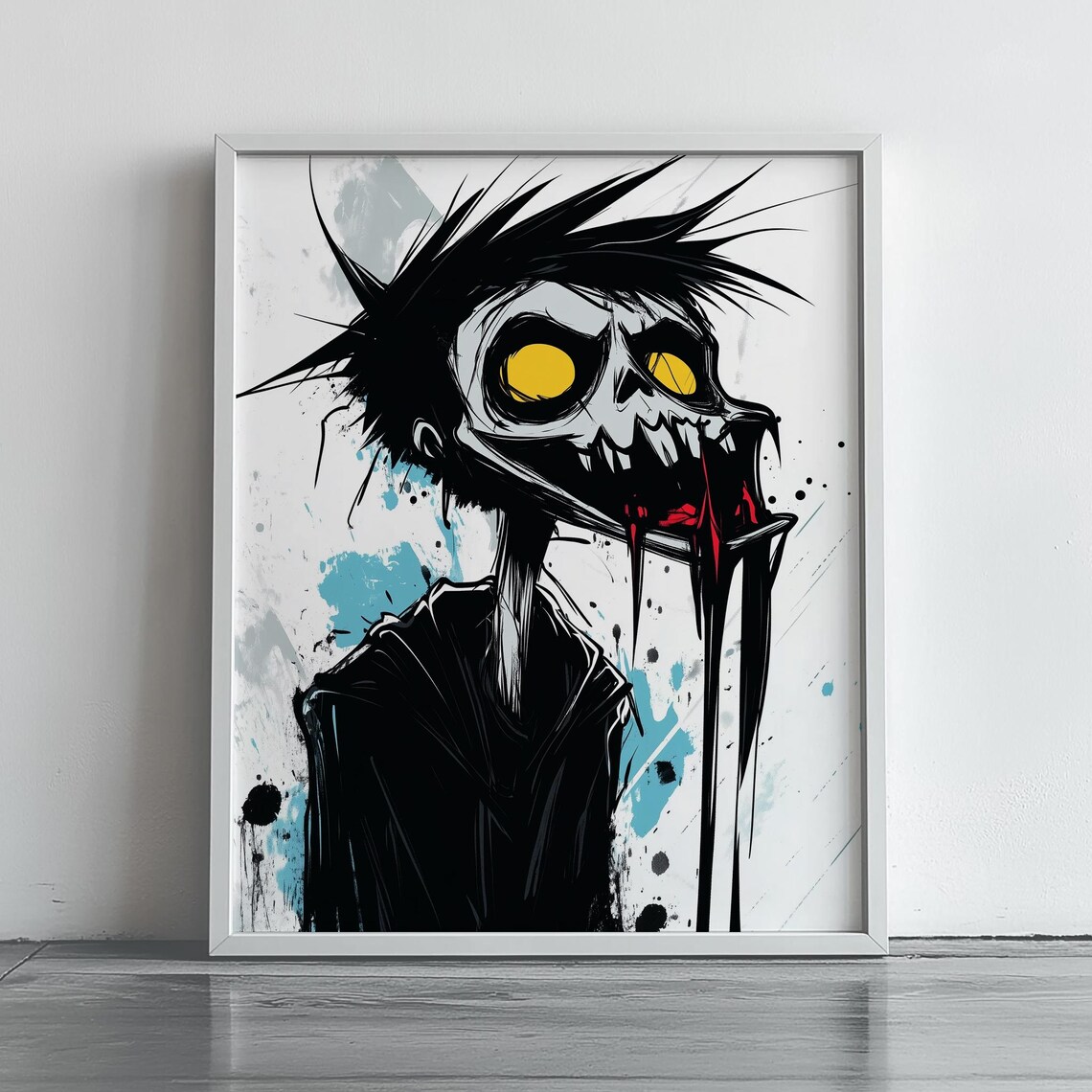 Spooky Cartoon Skeleton With Yellow Eyes Halloween Graffiti Art Poster