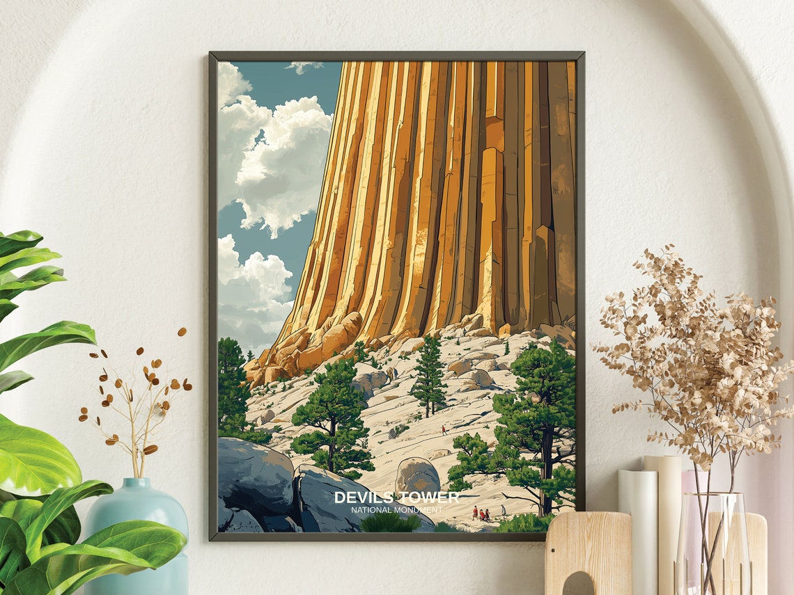 Devils Tower National Monument Golden Rock Column Vintage Poster