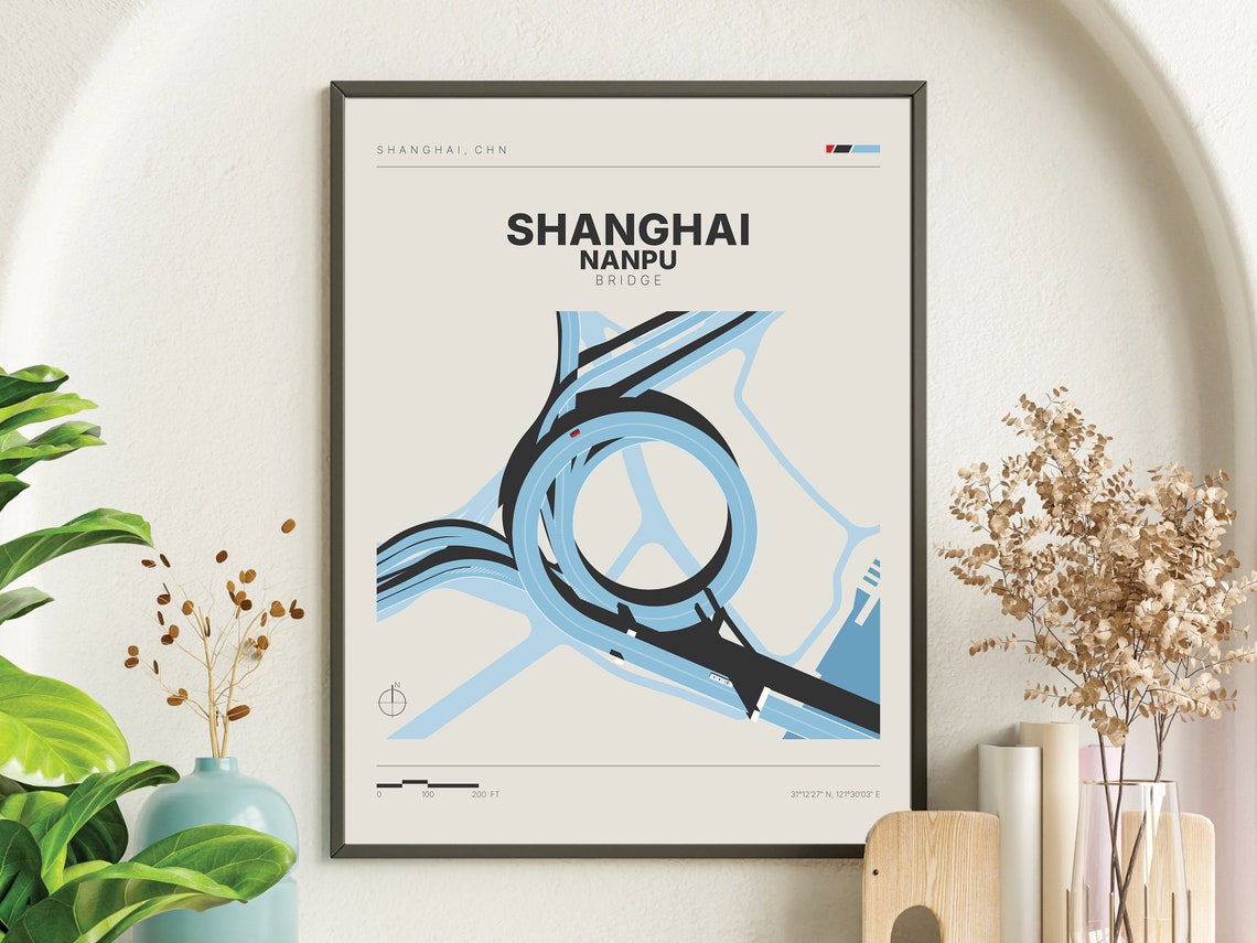 Shanghai Nanpu Bridge Minimalist China Infrastructure Map Poster