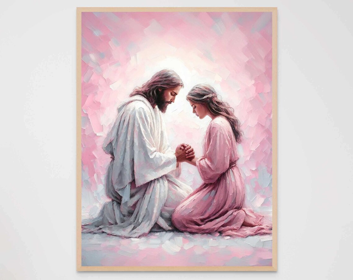 Jesus Praying With Woman Kneeling in Pink Glow Prayer Art Poster - Image 7