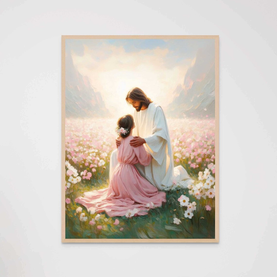 Jesus Embracing Kneeling Girl White Wildflowers Mountain Christian Poster - Image 7