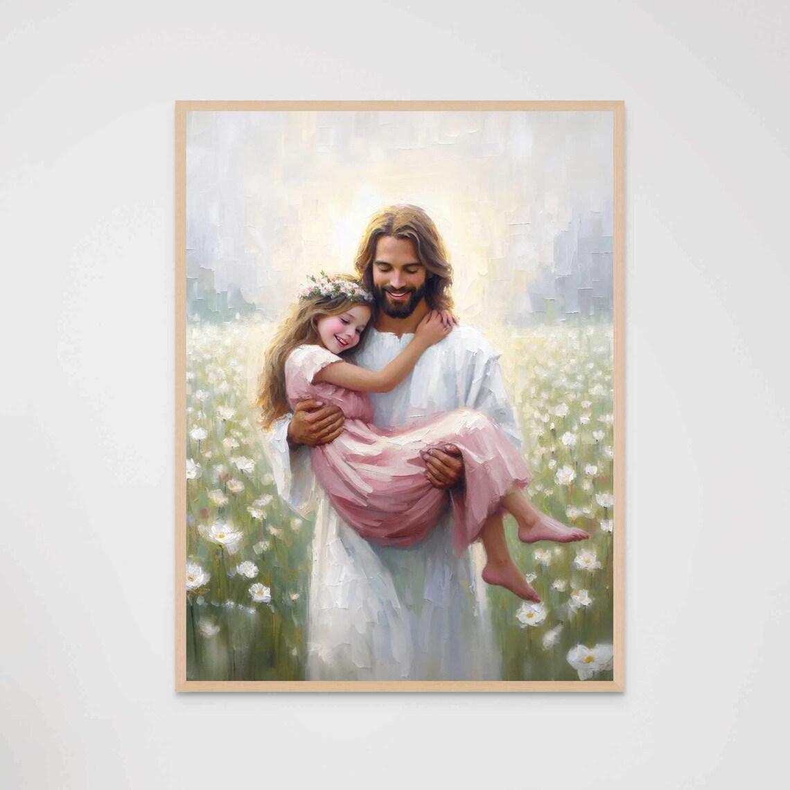 Jesus Carrying Girl With Flower Crown Through Daisy Field Poster
