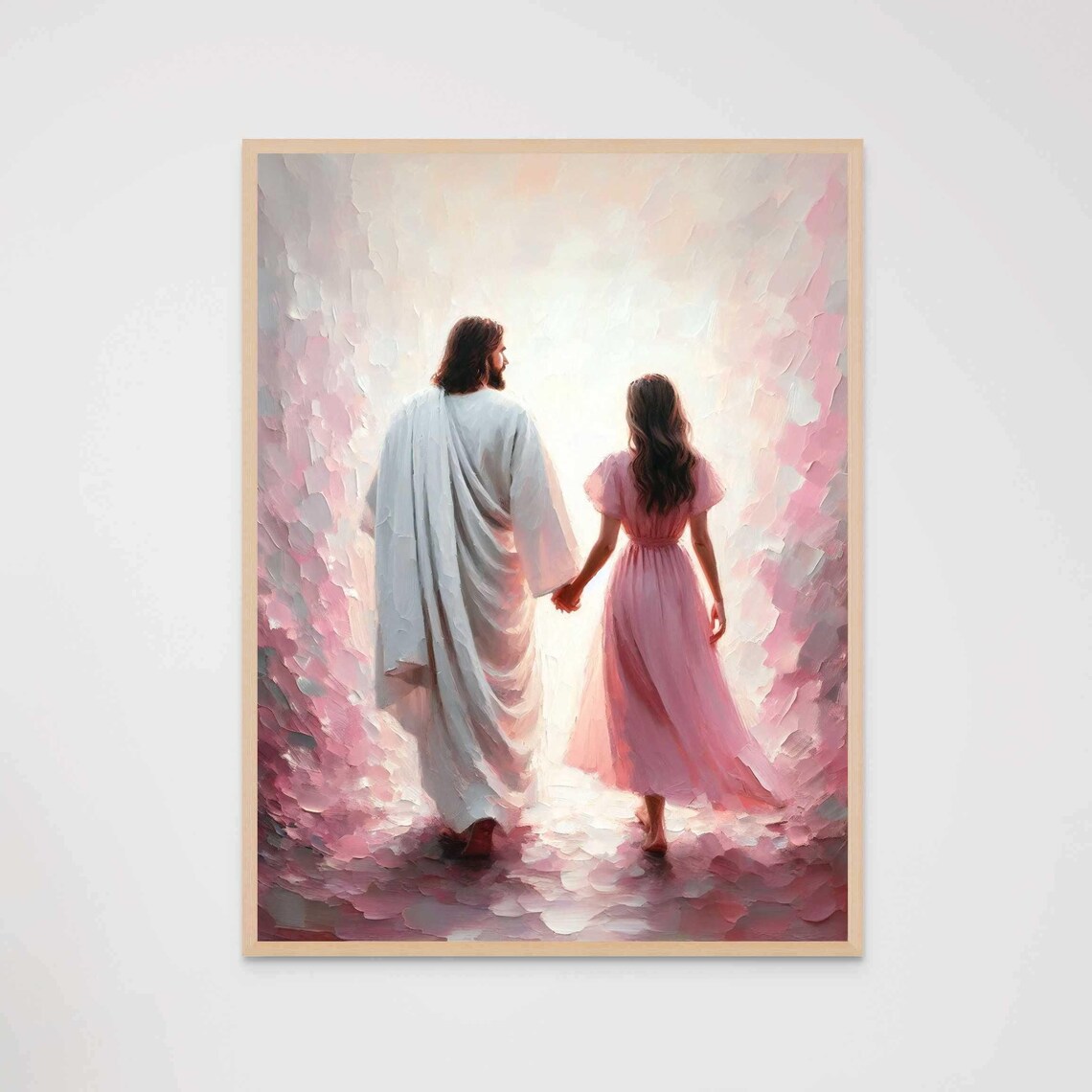 Jesus Christ and Woman Walking Hand in Hand into Radiant Light Poster