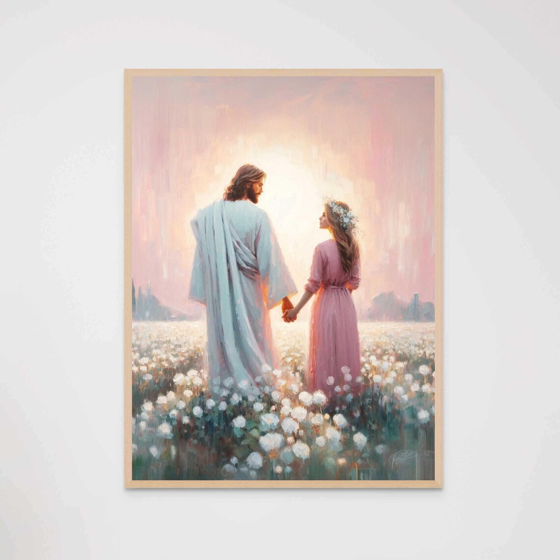 Jesus Holding Hands Woman White Flower Field Sunrise Moment Christian Poster - Image 7