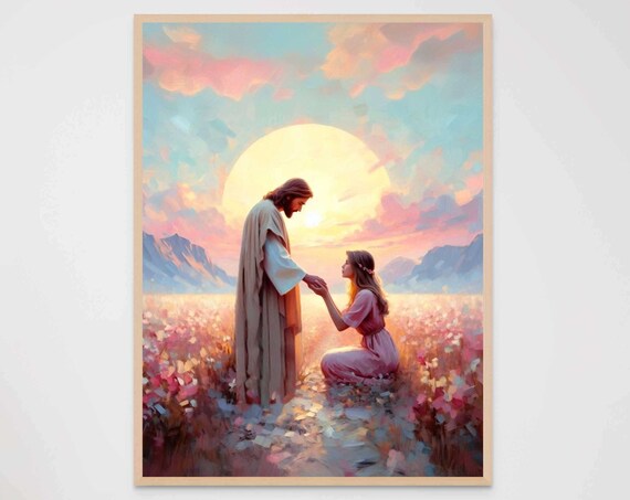 Jesus Reaching Out to Kneeling Woman in Sunset Field Art Poster