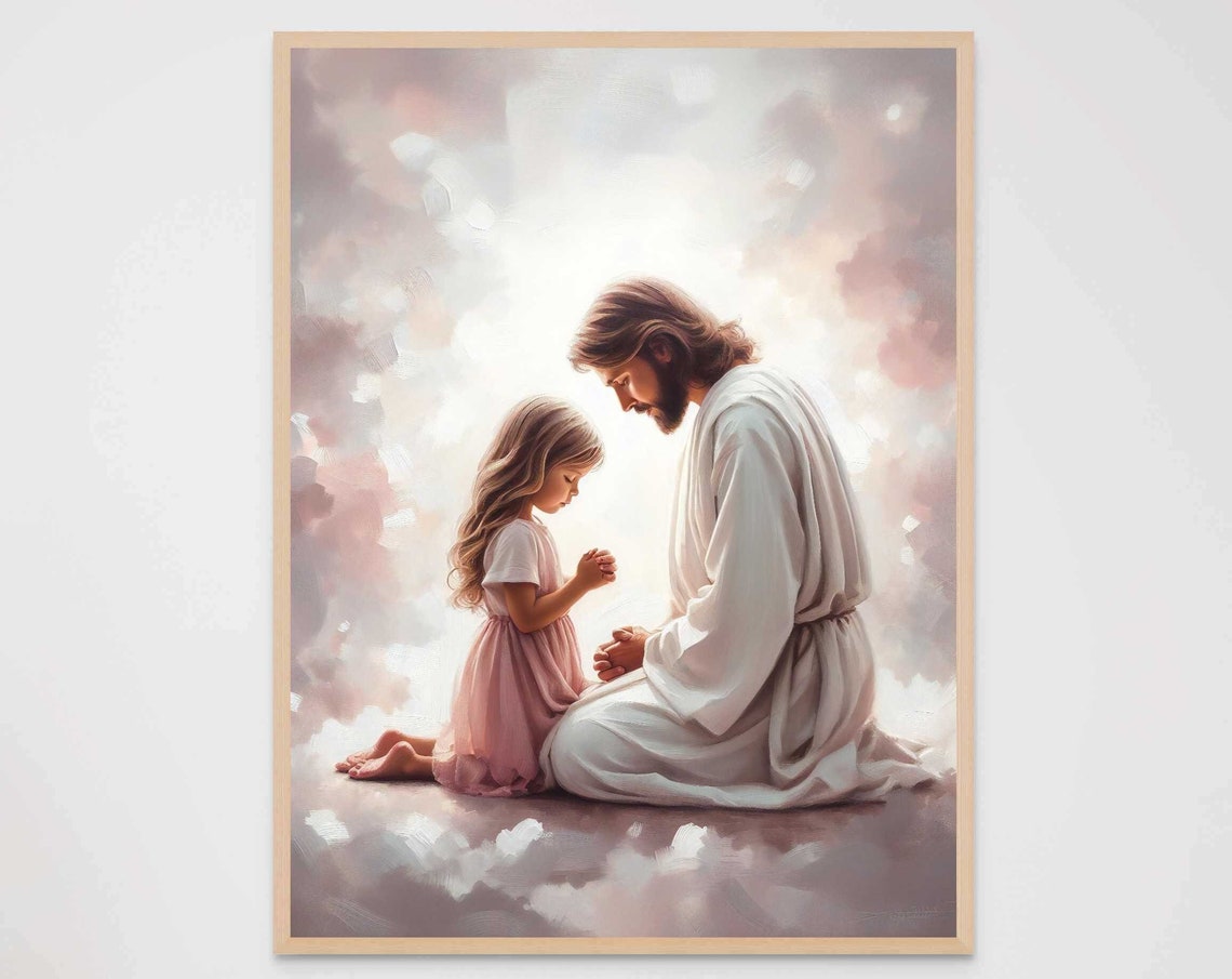 Jesus Praying With Little Girl Heavenly Clouds Christian Wall Art - Image 7