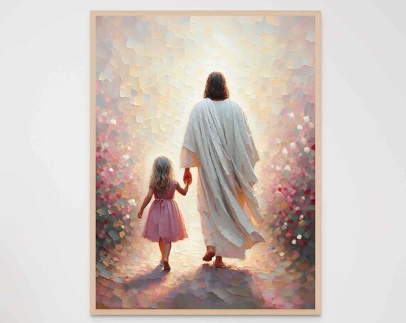Jesus Christ and Girl Walking Hand in Hand into Heavenly Light Poster