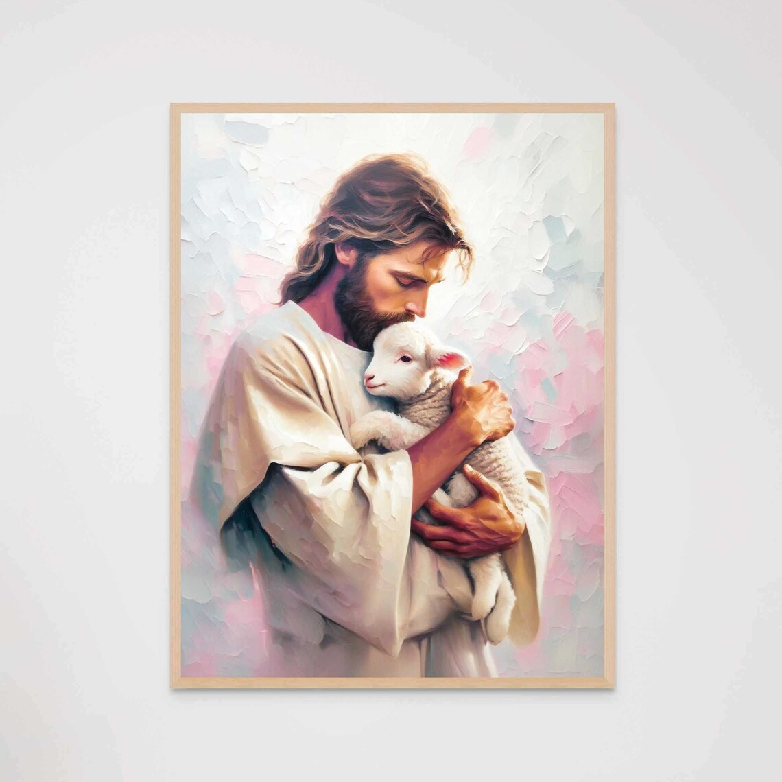 Jesus Cradling White Lamb in Cream and Pink Impasto Art Poster