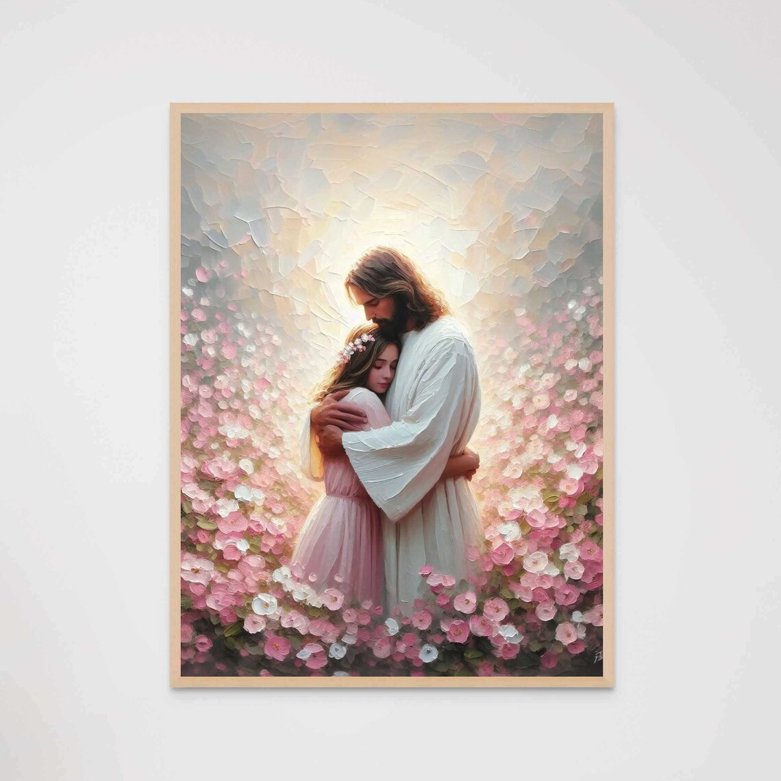 Jesus Christ Embracing Girl Among Pink Blossoms Christian Poster
