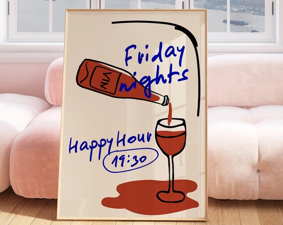 Friday Nights Happy Hour 19:30 Red Wine Sketch Kitchen Fun Poster