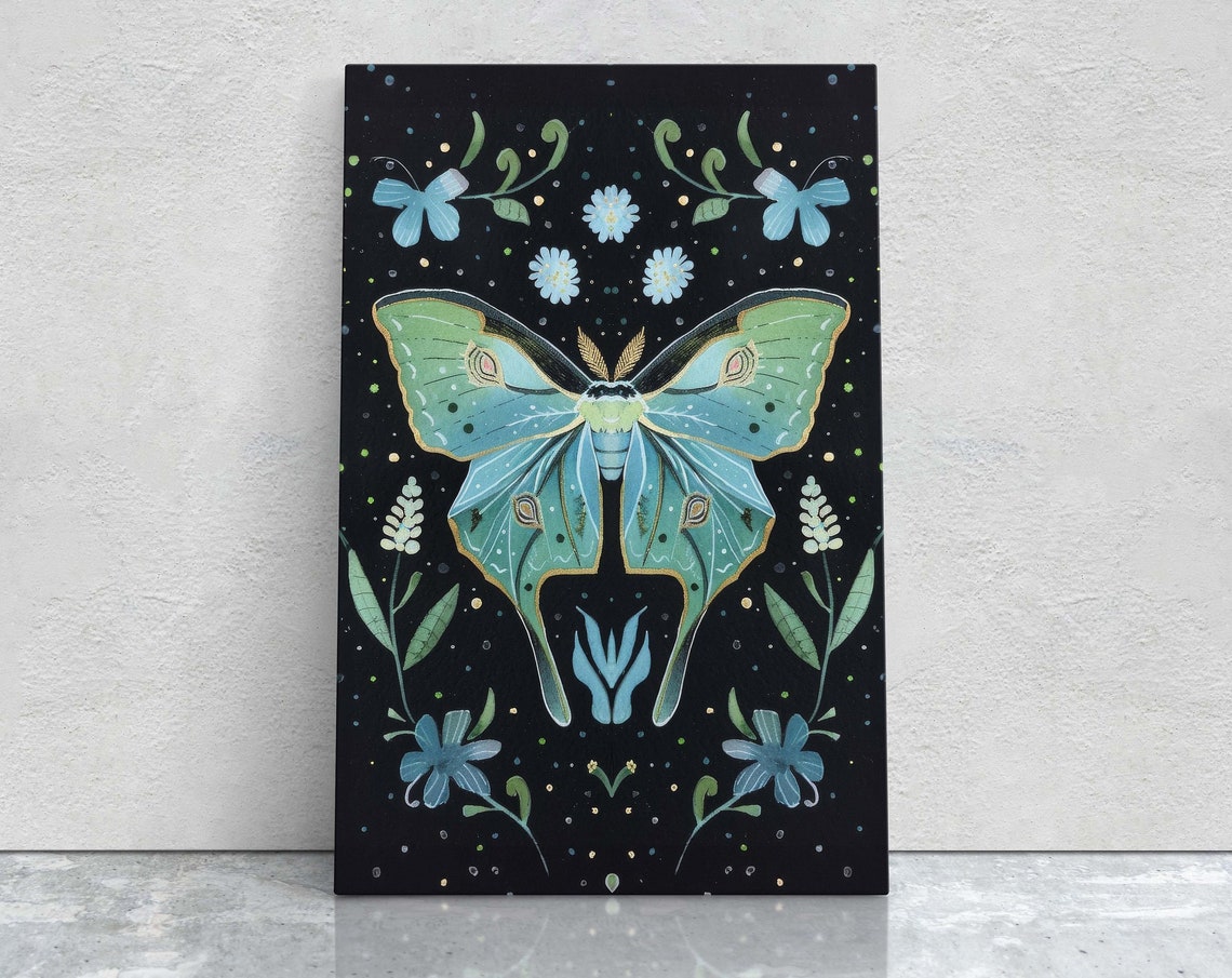 Luna Moth Folk Art Celestial Art Cottagecore Framed Dark Print Mint Green Nature Print