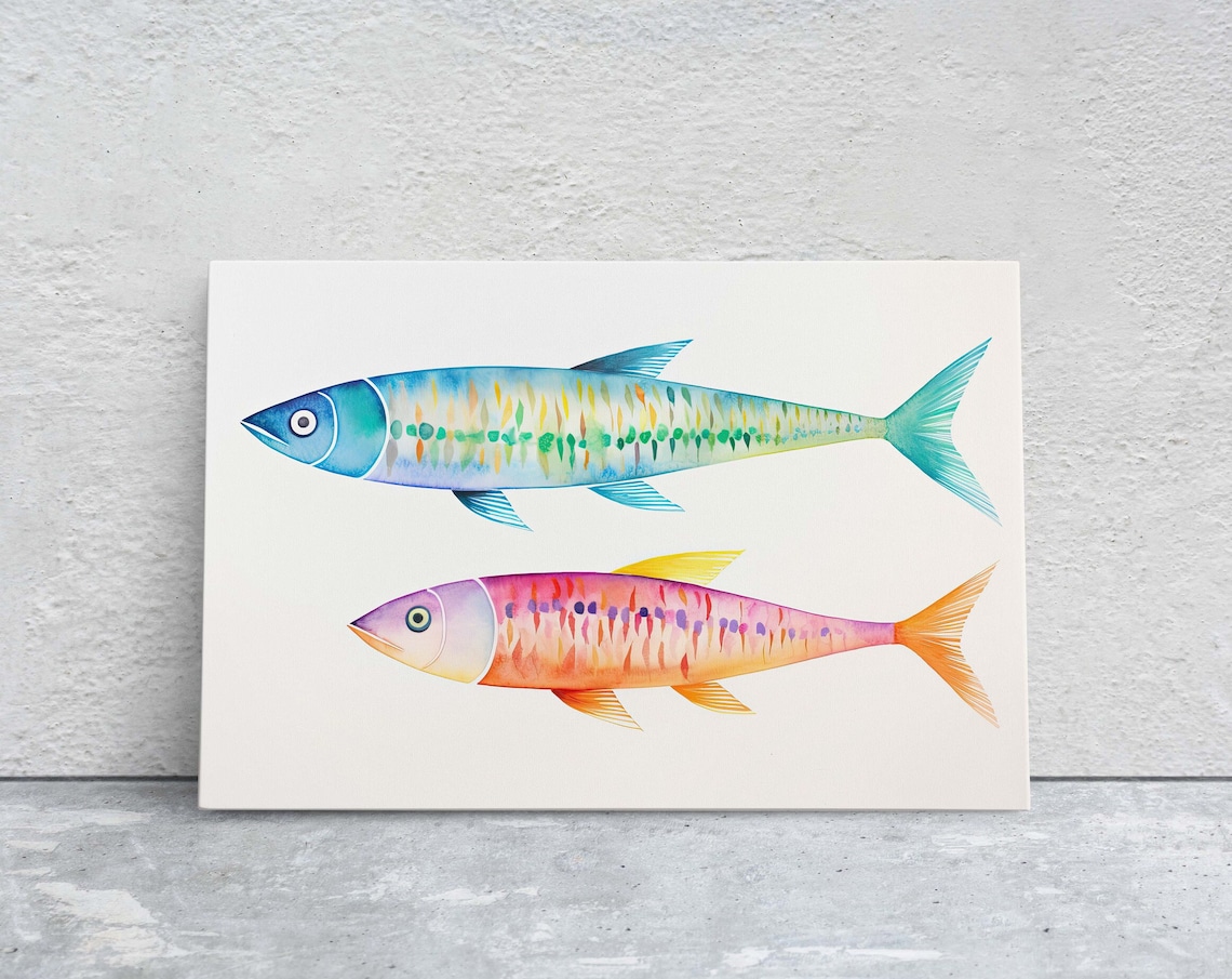 Two Watercolor Sardines Teal Pink Fish Coastal Kitchen Decor Poster
