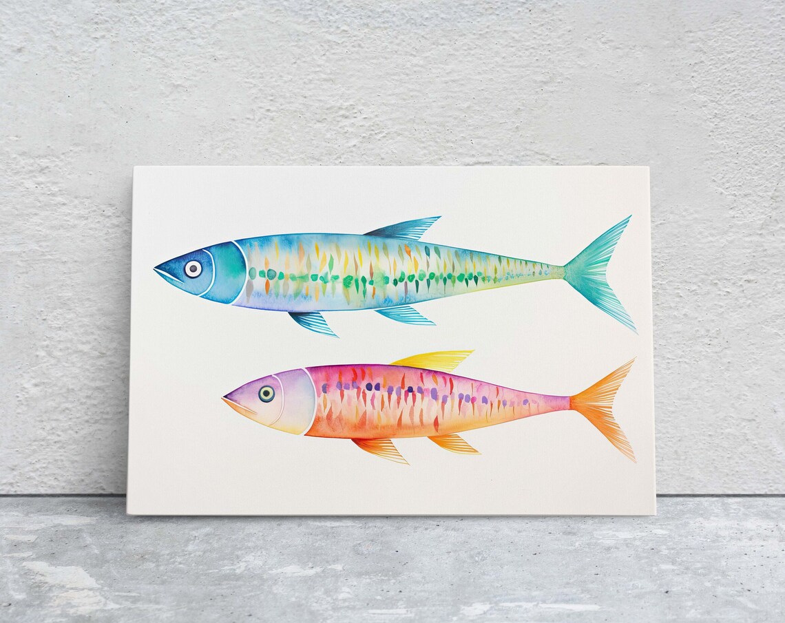 Watercolor Sardine Fish Painting Vibrant Color Kitchen Print Dining Room Clean Minimal Abstract Framed