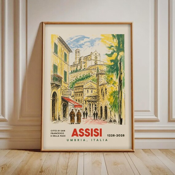Assisi Italy Print Vintage Italian Travel Poster Umbria Landscape Wall Art Mediterranean Home Decor