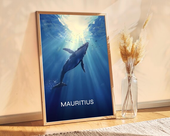 Mauritius Whale Poster Exotic Travel Decor Freediving Spot Ocean Scenery Home Or Booking Tropical Island Art