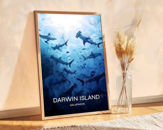 Hammerhead Darwin Island Galapagos Poster Exotic Travel Decor Freediving Spot Ocean Scenery Home Or Booking Art