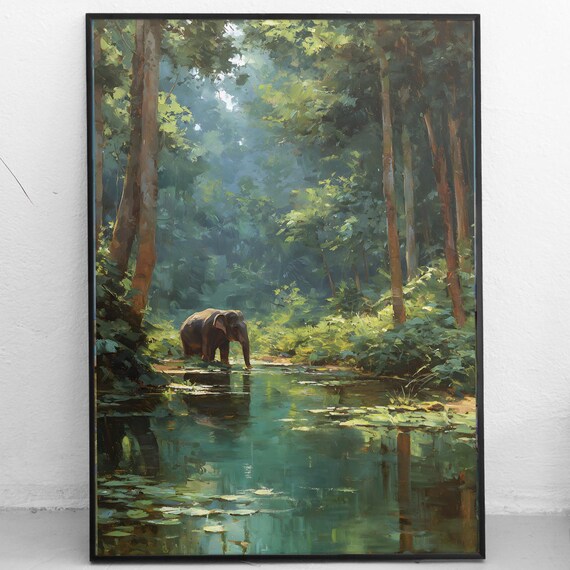 Kerala Elephant Art Print Jungle Wildlife Serene Forest Wall Decor Tropical Nature Oil Painting