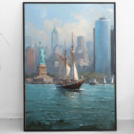 New York City Art Print Statue Of Liberty Painting Nyc Skyline Harbor Wall Instant Travel Decor