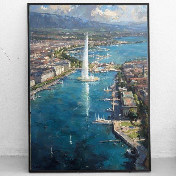Geneva Switzerland Art Print Jet Deau Lake Painting Swiss Cityscape Wall