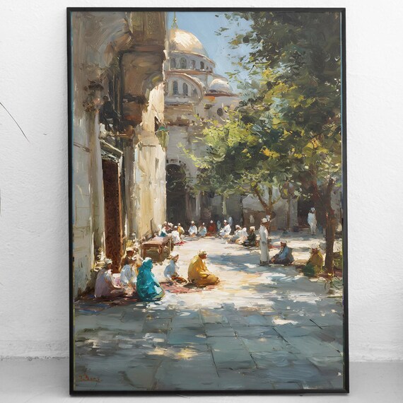 Mosque Courtyard at Noon Sunlit Islamic Prayer Scene Oil Painting Poster