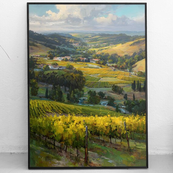 Golden Vineyard Hills Countryside Wine Country Oil Painting Wall Art