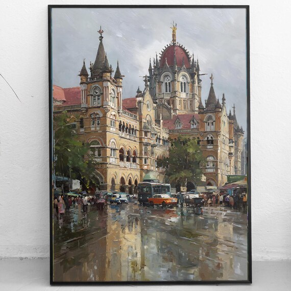 Mumbai Chhatrapati Shivaji Terminus Art Print India Cityscape Painting Victorian Architecture Instant South Asia Decor