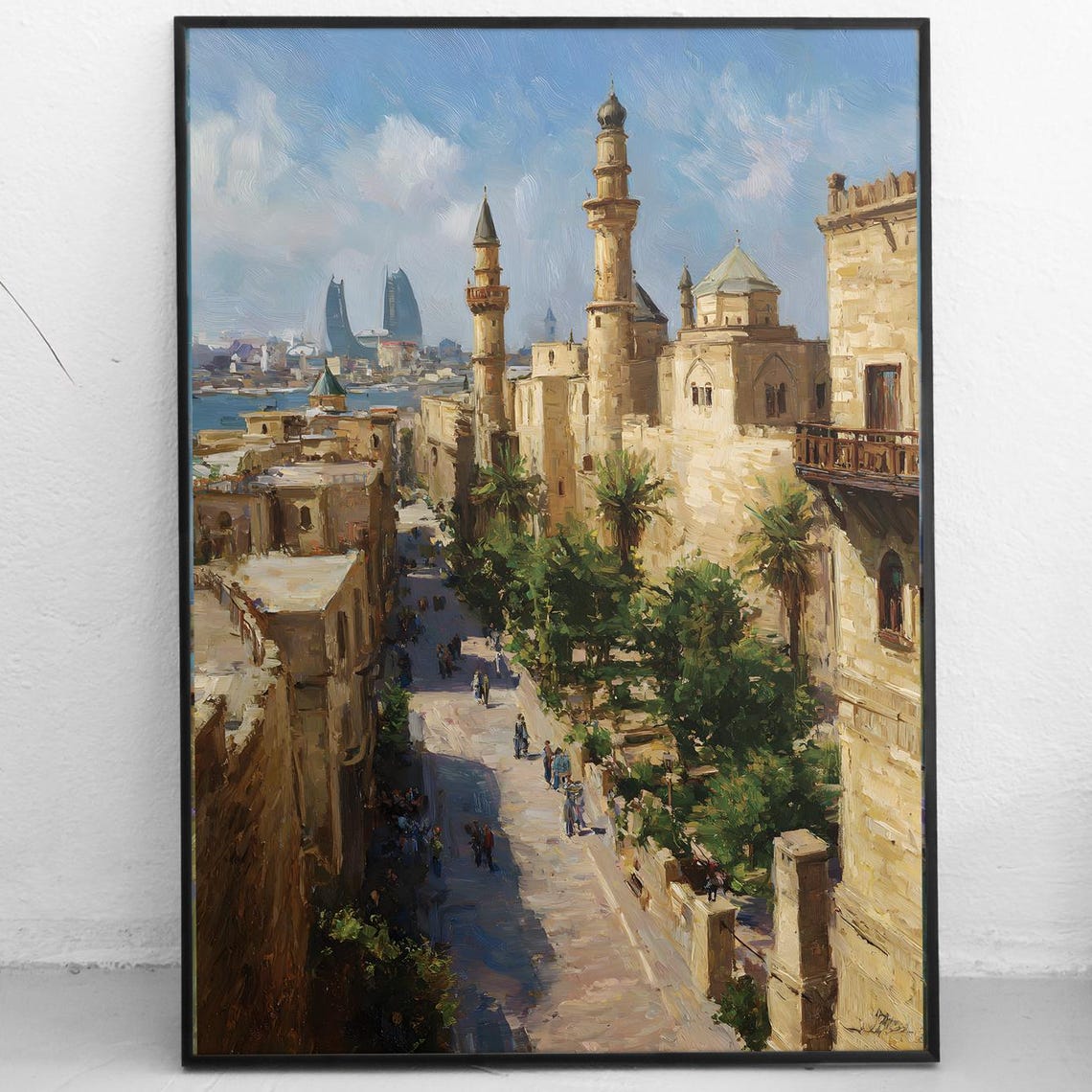Baku Azerbaijan Print Old City Icherisheher Wall Art Flame Towers Painting Historic Cityscape Poster Travel Decor