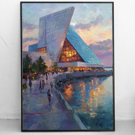 Cleveland Rock And Roll Hall Of Fame Print Ohio Cityscape Art Modern Architecture Painting Waterfront Travel Poster