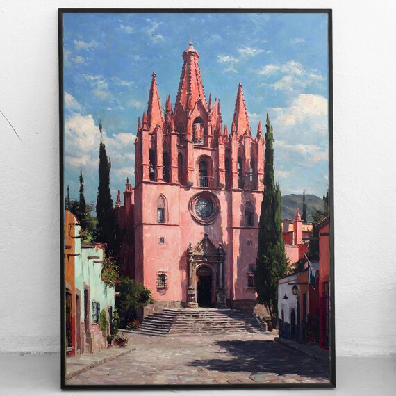 San Miguel De Allende Art Print Parroquia Arcngel Mexico Colorful Colonial Cityscape Oil Painting Style