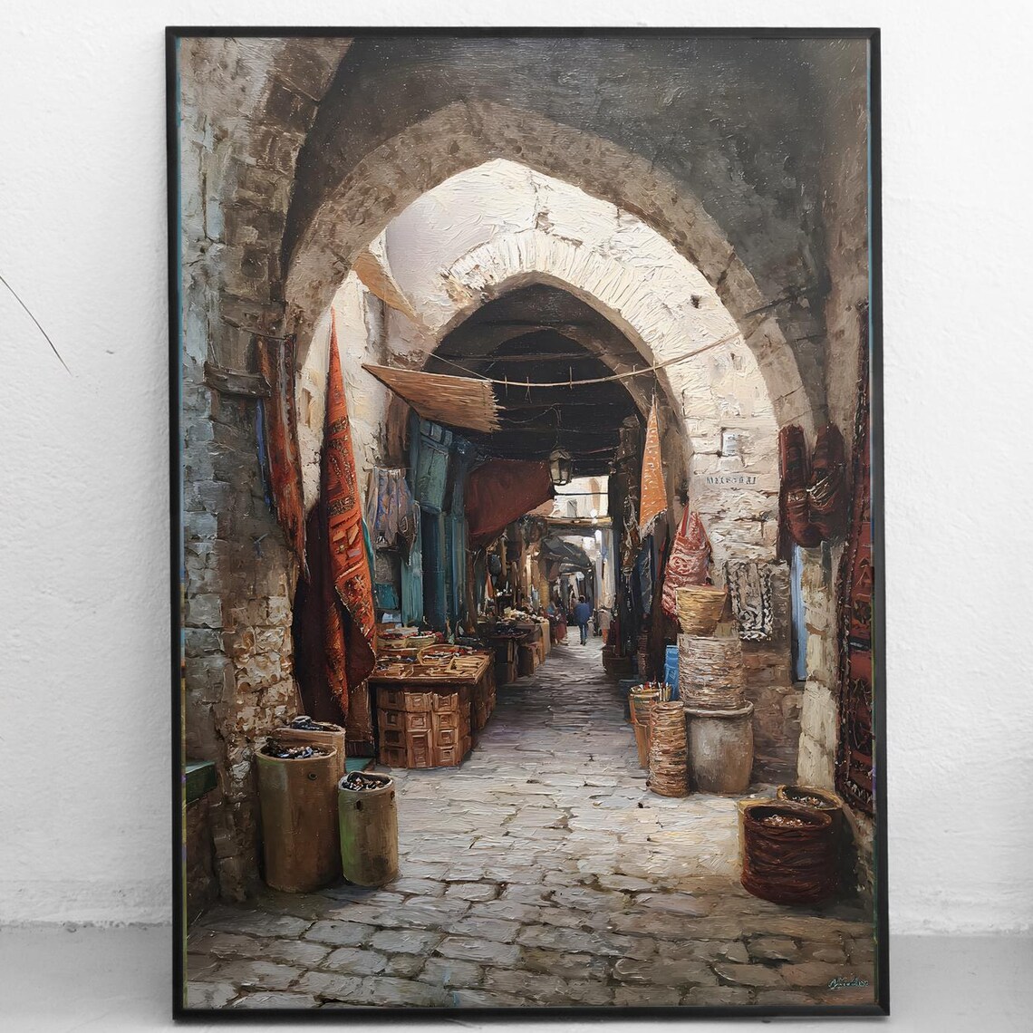 Old Stone Bazaar Arch Market Street with Rugs and Baskets Painting Poster