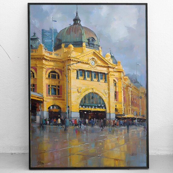 Melbourne Flinders Street Station Art Print Australia Cityscape Wall Decor Landmark Painting Instant Travel