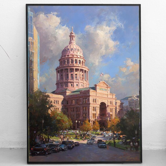 Austin Texas Capitol Building Art Historic Pink Dome Painting Cityscape Wall