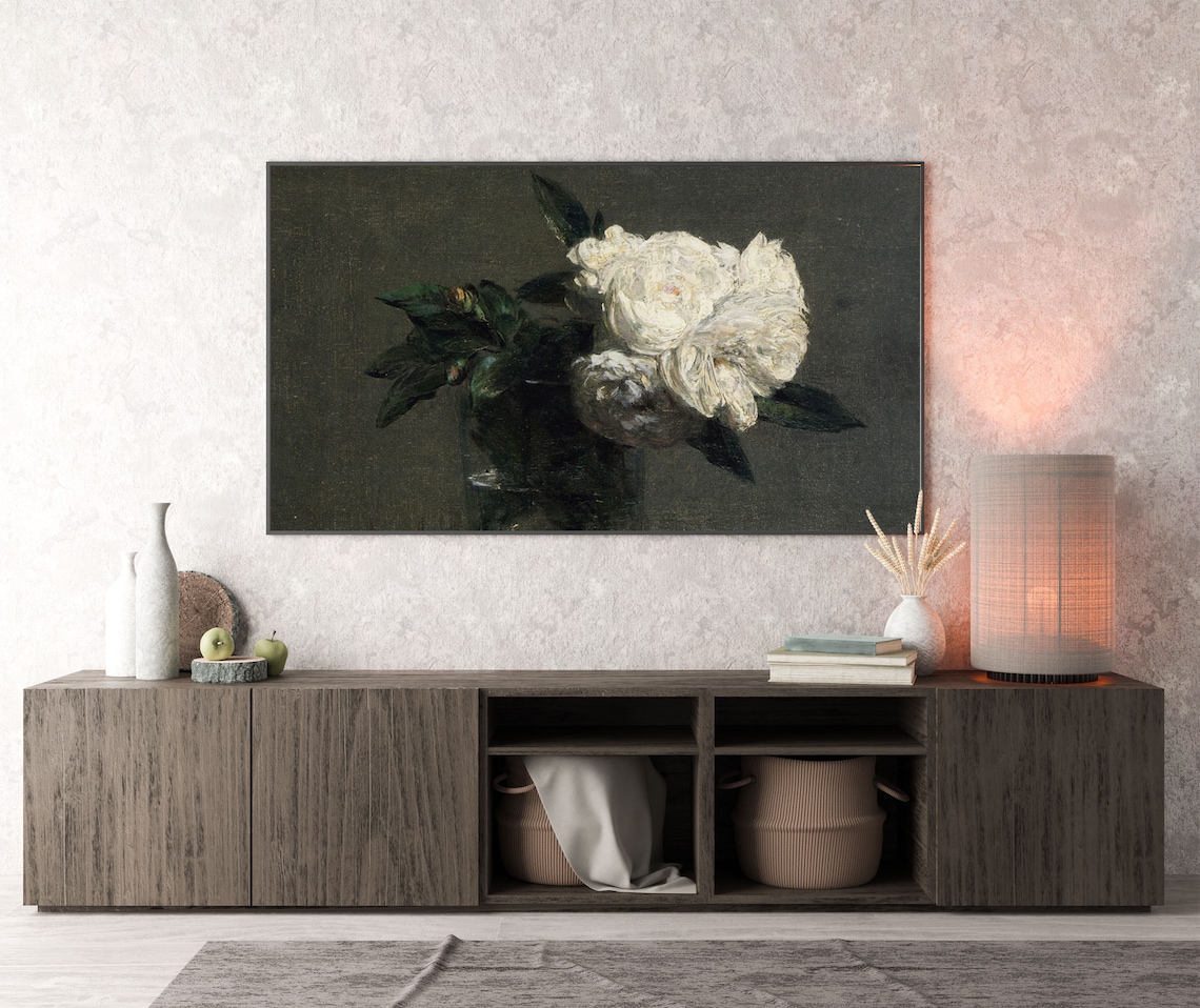 Elegant White Roses in a Vase Moody Floral Still Life Poster - Image 3
