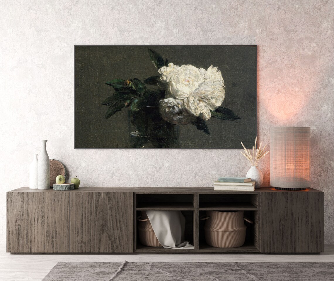 Frame Tv Art Roses Vintage Oil Painting White Roses Frame Tv Art Frame Tv Art Vintage Flowers Large Art Gallery Wall Art - Image 3