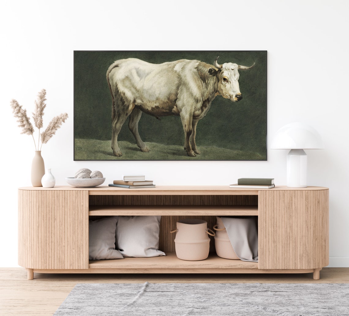 White Bull Standing in a Vintage Rustic Farm Animal Oil Poster - Image 3