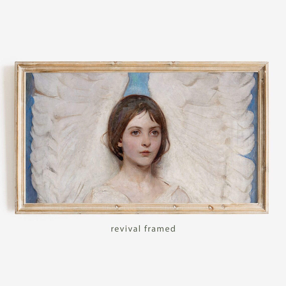 Angel with White Wings Young Girl Portrait Blue Background Poster