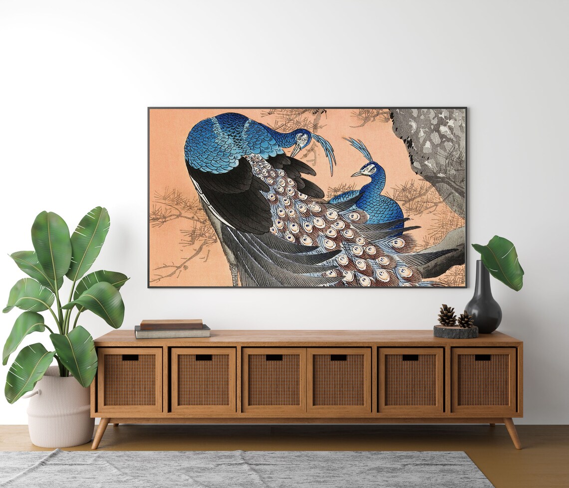 Japanese Woodblock of Two Peacocks on Pine Branch Art Poster - Image 3