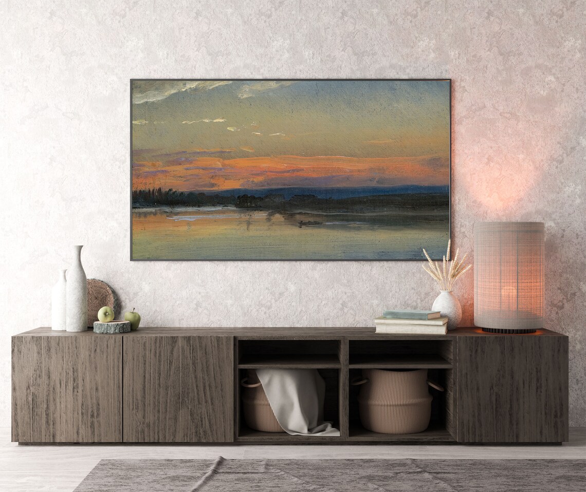 Golden Orange Sunset over Calm River Vintage Evening Skyscape Style Wall Art - Image 2