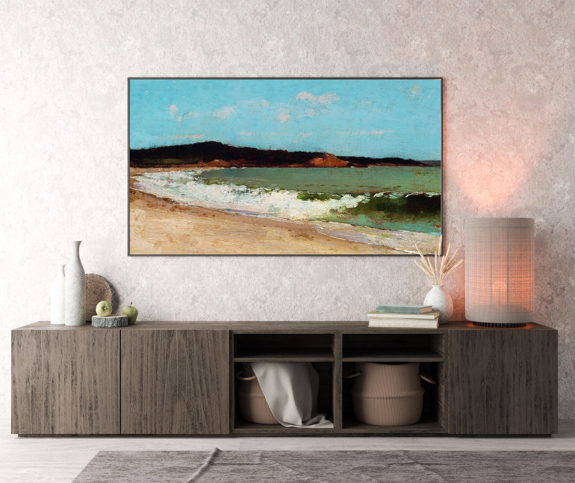 Turquoise Waves Breaking on a Sandy Beach Seascape Oil Poster - Image 3
