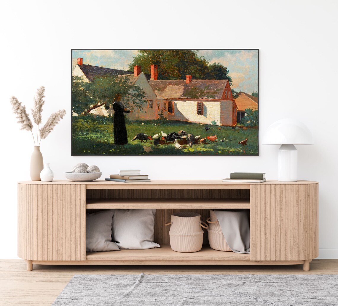 Farmhouse Woman Feeding Chickens Vintage Rural Life Painting Poster - Image 2