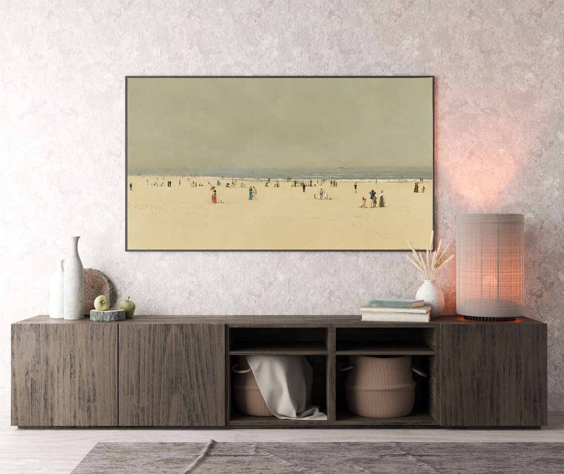 Minimal Wide Beach Scene Tiny Figures Pale Sand Calm Ocean Vintage Wall Art - Image 2