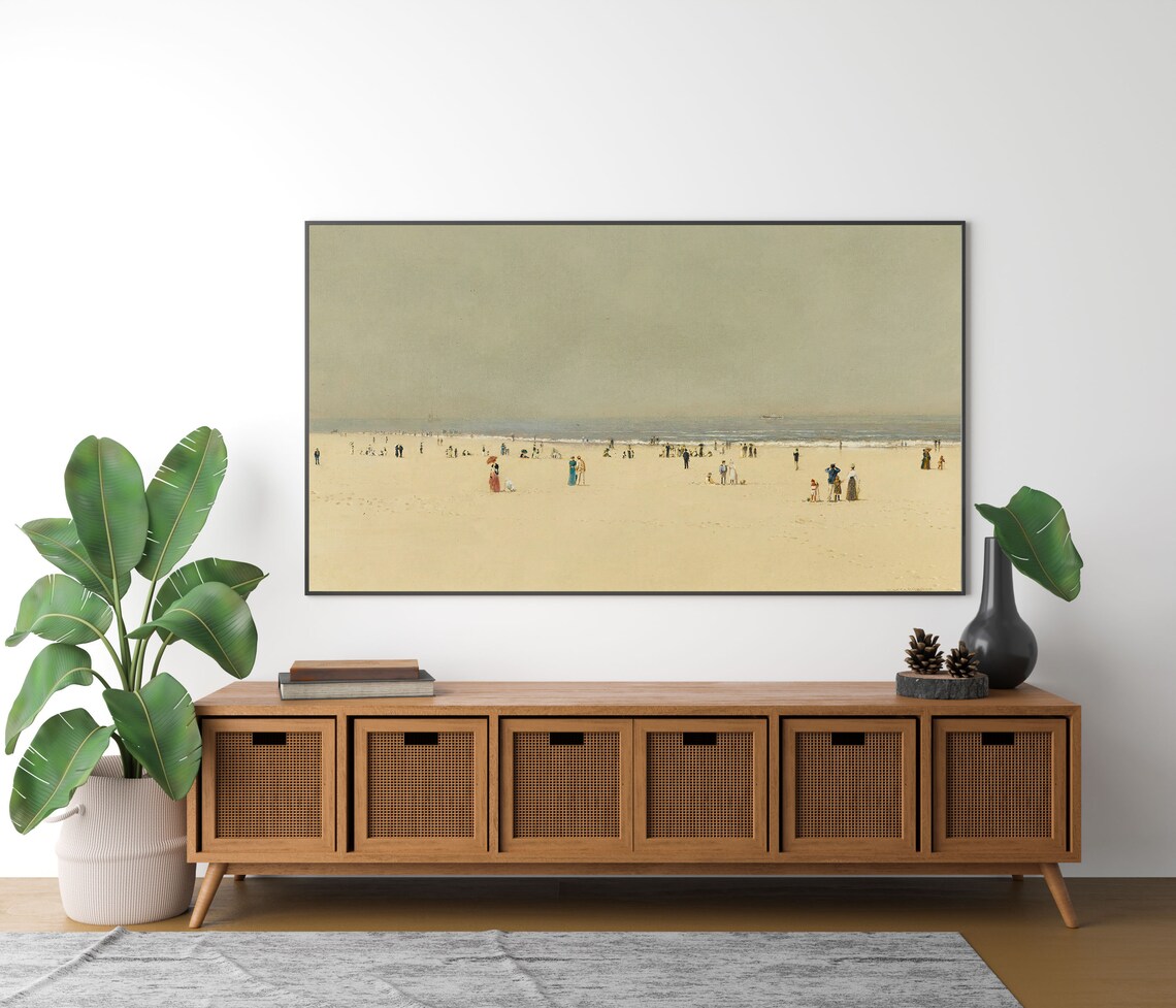 Minimal Wide Beach Scene Tiny Figures Pale Sand Calm Ocean Vintage Wall Art - Image 3