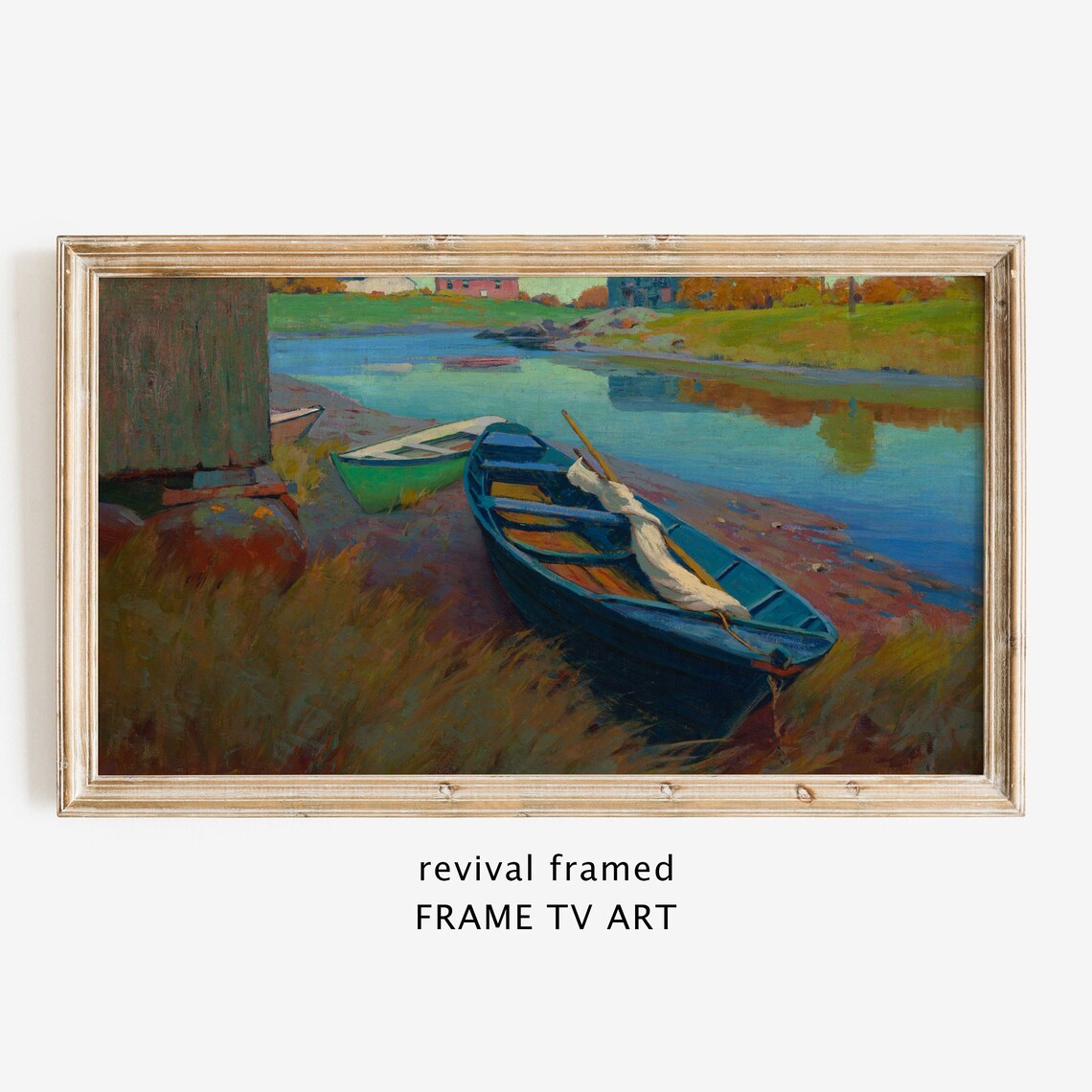 Blue Rowboats Riverbank Reflections Colorful Impressionist Boat Painting Poster