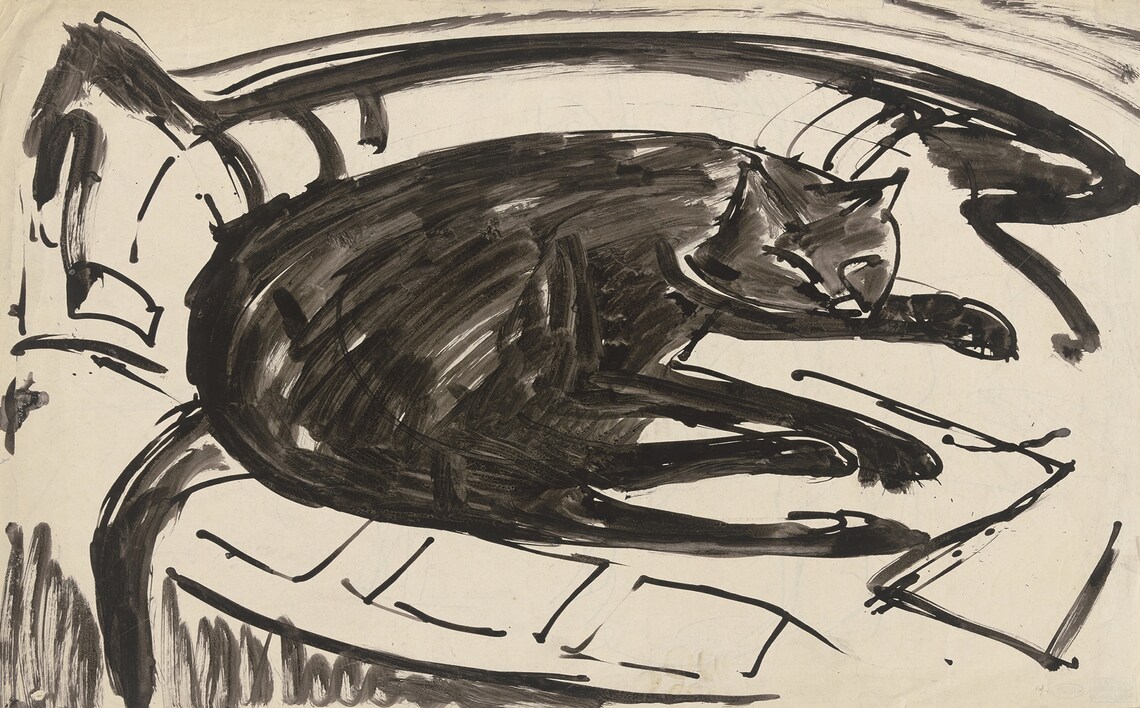 Black Ink Sketch of Sleeping Cat Modern Brush Stroke Feline Poster - Image 2