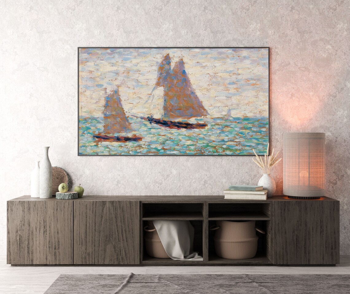 Pointillist Sailboats on a Sparkling Sea Vintage Painting Poster - Image 3