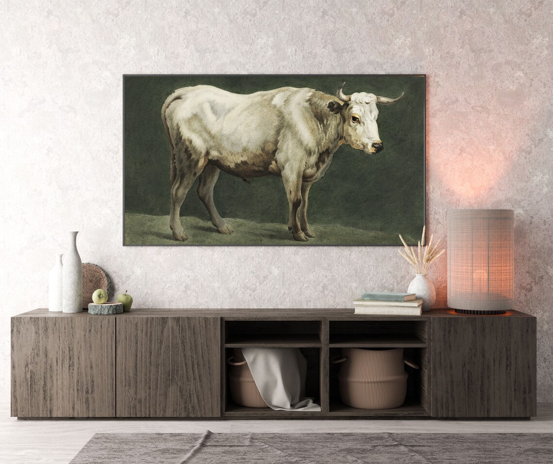 White Bull Standing in a Vintage Rustic Farm Animal Oil Poster - Image 4