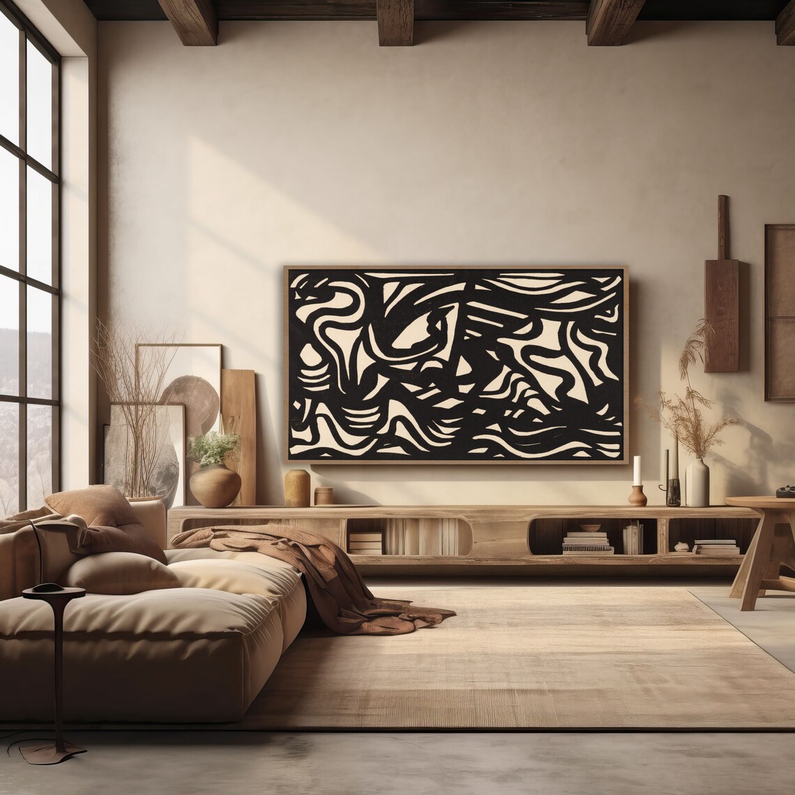 Black and Cream Geometric Line Abstract Painting Bold Modernist Poster - Image 2